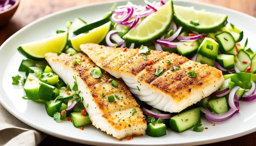 Baked Chili-Asian Tilapia With Cucumber Salad Image