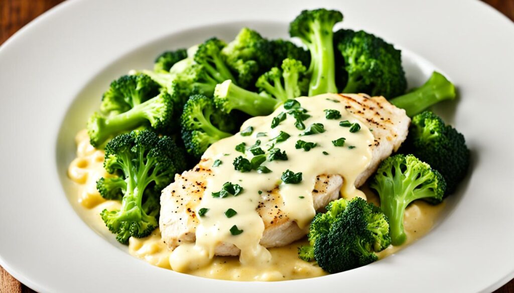 Cheesy Broccoli Chicken with Cauliflower Sauce